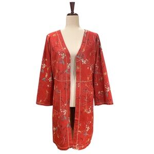 SOLITAIRE Anthropologie Oriental Inspired Print Faux Suede Kimono Jacket Size M